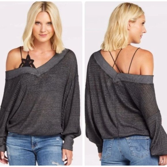 Free People We The Free South Side Thermal V-Neck Gray Black V-Neck XS‎ $68 - Picture 4 of 13